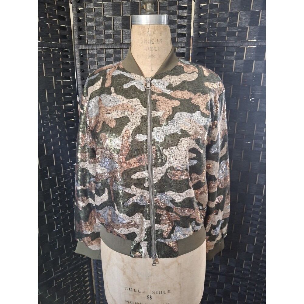Sen Womens Bomber Jacket Small Camo Camouflage Sequin Glitter Streetwear Hiphop